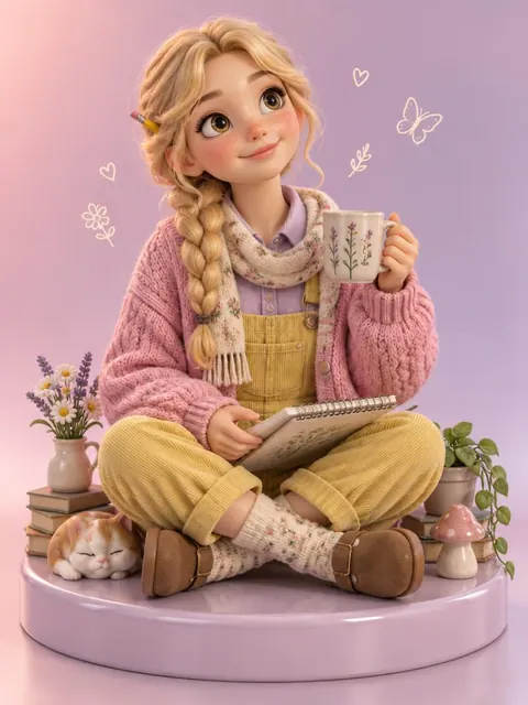3D figurine sitting cross-legged sketching, cozy style